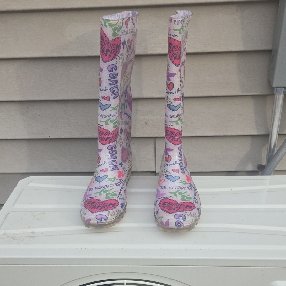 Coach Women's Pink Logo Heart Print Rain Boots